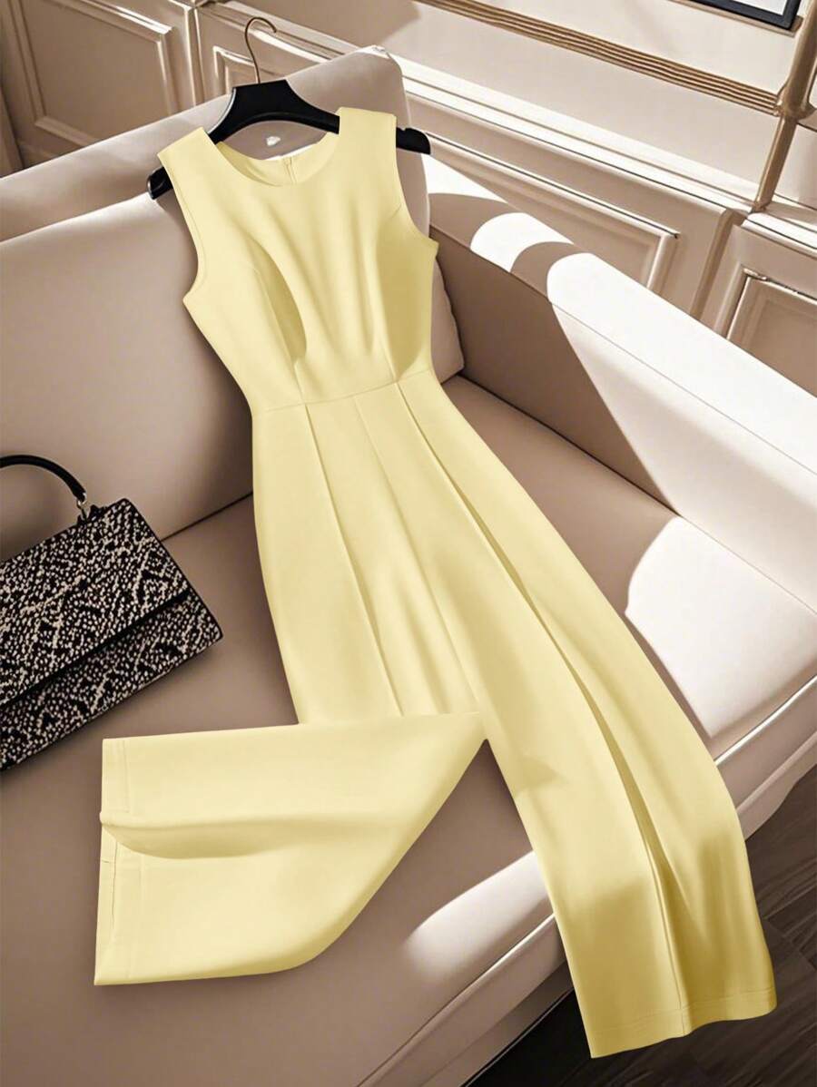 Franclia 女士优雅圆领白色无袖连体裤，春夏 - 黃色 - 查看 1
