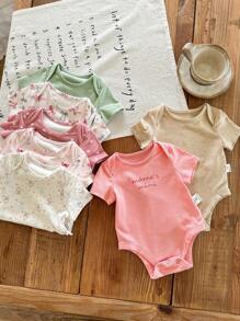 SHEIN LMoss Kids 7件套新生女宝宝夏季可爱卡通图案针织短袖连体衣套装