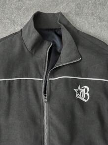 STYNVO Manfinity Streetrush Men Contrast Color Collar Zip-Up Long Sleeve Jacket & Drawstring Long Pants Set Track Suit Men Track Suit Set 2 Pieces Outfit Two Pieces Set Tracksuit, Fall Clothes - Dark Grey - View 3