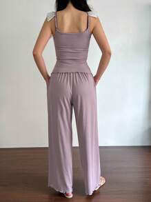 DAZY 浪漫荷叶边领无袖修身上衣搭配直筒睡裤，女士睡衣套装 - 淡紫色 - 查看 2