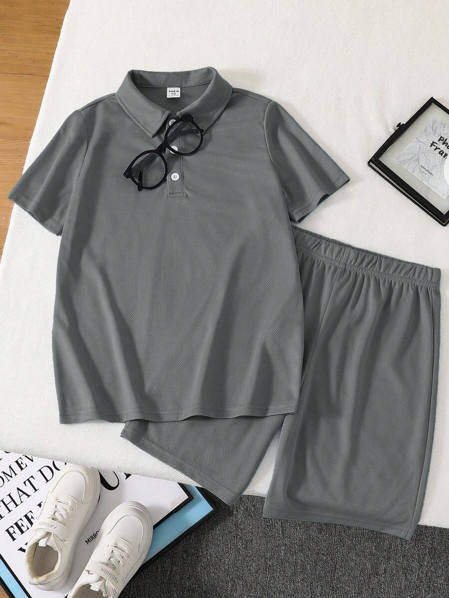 SHEIN 2pcs/Set Tween Boys Casual Loose Fit Simple Letter Graphic Short Sleeve Top And Shorts Set, Suitable For Commuting, School, Daily Casual, Sports, Spring/Summer