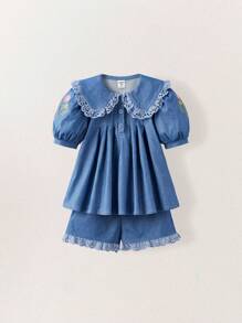 SHEIN Young Girls Embroidered Peter Pan Collar Shirt And Ruffled Shorts Sets