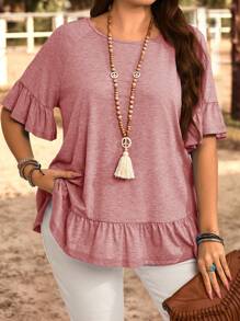 EMERY ROSE Plus Size Round Neck Short Sleeve Solid Color T-Shirt, Casual & Fashionable For Everyday Wear, Summer, Vacation, Boho - Rose Red - View 5