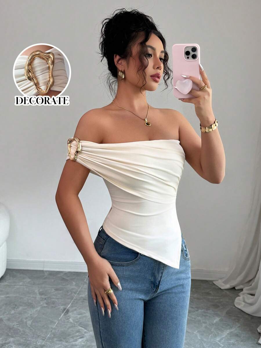 Rafferiza 女士优雅不对称下摆装饰单肩衬衫，夏季 - 杏色 - 查看 1