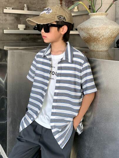 SHEIN Teen Boys Casual Short Sleeve Shirt, Sports, Streetwear, Punk, Rock, School Styles For Everyday Outings, Parties, Music Festivals, Suitable For Spring/Summer