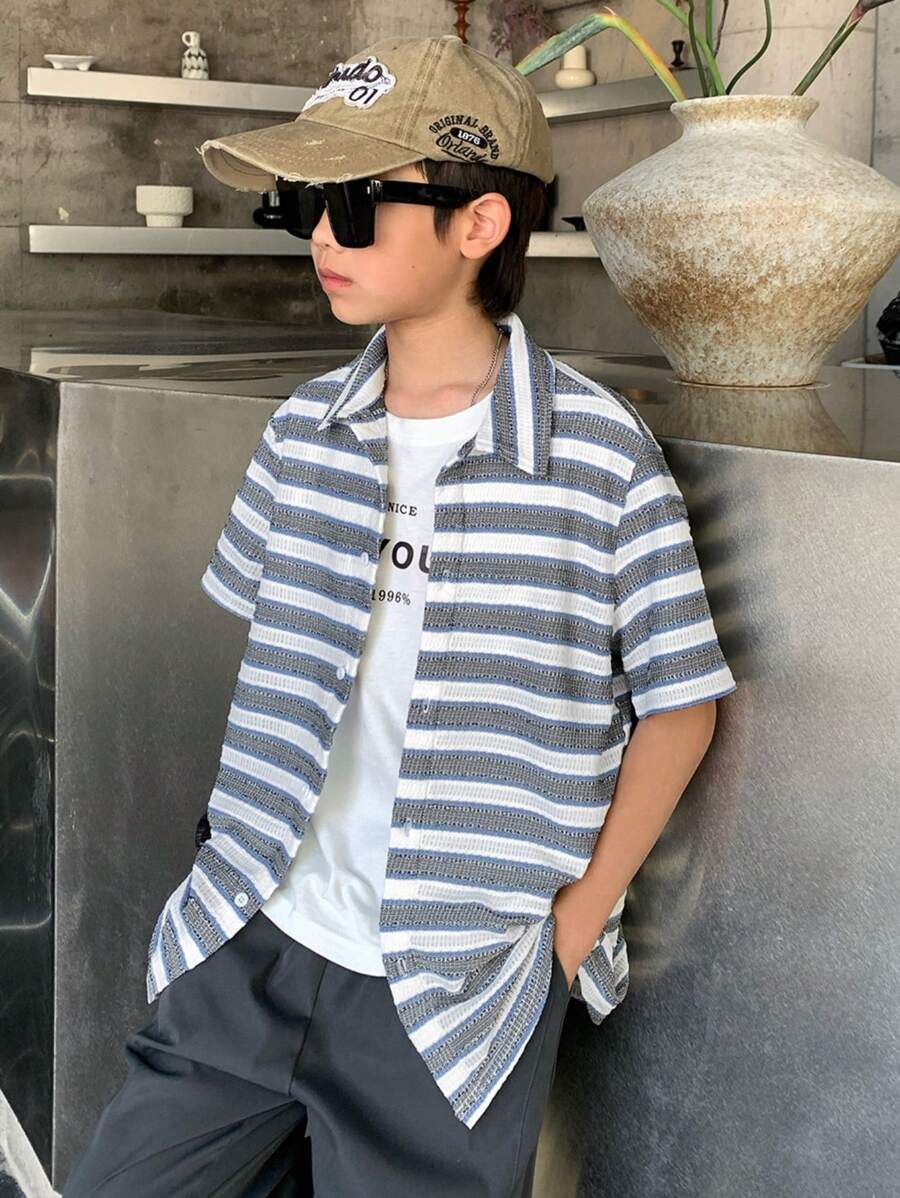 SHEIN 青少年男孩休闲短袖衬衫，运动、街头、朋克、摇滚、校园风格，适合日常外出、派对、音乐节，适合春夏季 - 彩色 - 查看 1