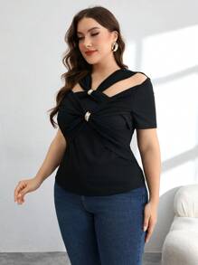 Modelyn Plus Size Asymmetrical Design Twist Knot Metal Button Fitted Elegant T-Shirt, Spring/Summer - Black - View 4