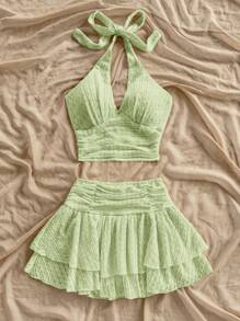 Soleia 女士度假吊带背心上衣，系带 V 领和迷你裙，双层荷叶边下摆，纹理面料，杏色套装 - 綠色 - 查看 4