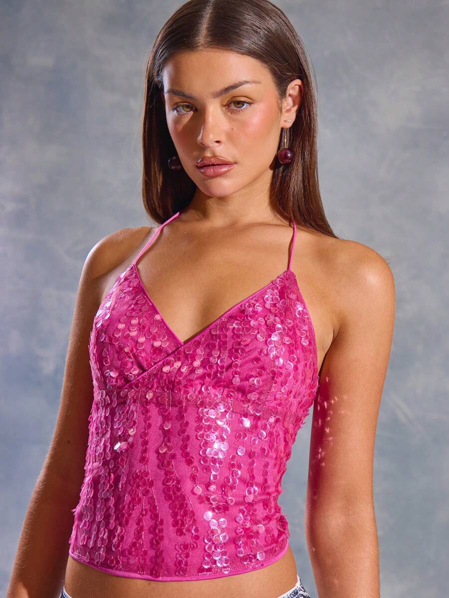 MUSERA 亮片露背吊带上衣，伊比沙岛风，Y2K风格，酷女孩，节日，锐舞派对，度假，夜店，可爱，假日外出上衣，性感闪亮圣诞秋季款