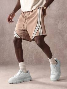 SUMWON Pantalones cortos con diseño de rayas diagonales, cintura elástica que absorbe la humedad, largo regular, cordón, uso deportivo - Caqui - Ver 4