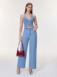 SHEIN MOD 女式休闲挂脖式后系带前扣牛仔衬衫 - 淺色水洗藍 - 查看 4