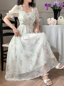 DAZY Abito da donna con stampa floreale completa, colletto quadrato, maniche a palloncino e fiocco