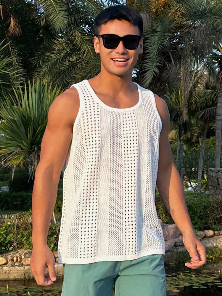 Men's Solid White With Striped Hollow-Out Knit White Tank Top, Summer