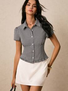 Poéselle Cămașă damă cu mânecă scurtă, cu un singur nasture, în carouri, retro, alb-negru