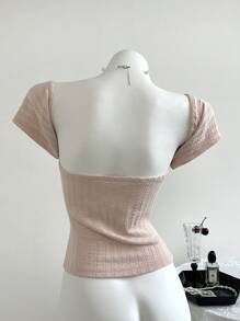 Chiquease 1 pieza Camiseta de mujer de unicolor con cuello en forma de corazón y hombros descubiertos de manga corta - Rosa - Ver 3