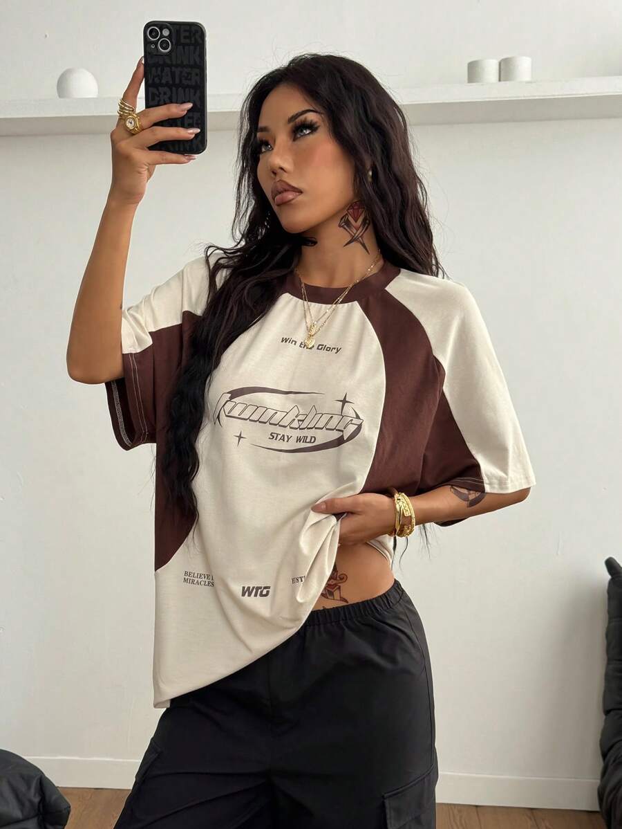 Coolane Women's Streetwear Oversized Racing Motorcycle Print Color Block Raglan Sleeve Jersey T-Shirt - Apricot - View 1