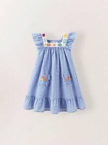 SHEIN Young Girls' Pastoral Plaid Crochet Embroidered Floral Ruffle Trim Cap Sleeve Dresses - Multicolor - View 8