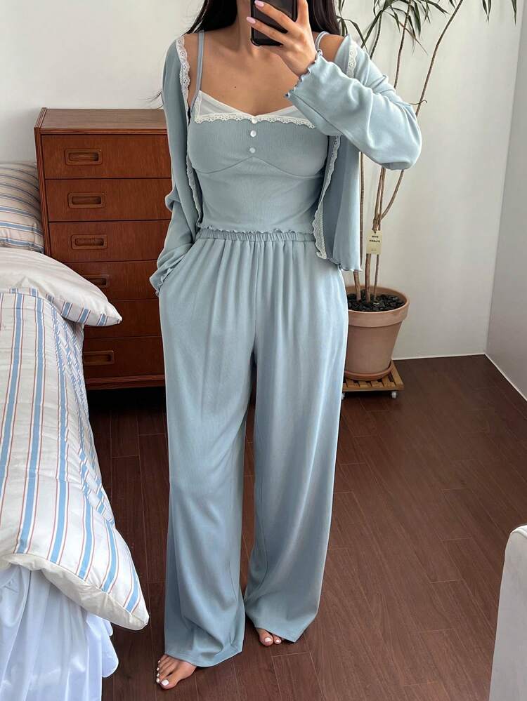 3pcs Set Sweet Contrast Color Lace Patchwork Robe, Camisole Top And Pants Women Pajama Set, Fall Winter Clothes