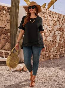 EMERY ROSE 大码纯色圆领荷叶边短袖休闲衬衫，夏季度假上衣 - 黑色 - 查看 3