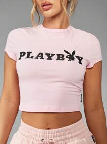 Missguided x Playboy Baby Crop T-Shirt With Logo Print Casual Sports Athleisure Lounge Athletic Gym Fashion Wear Baby Tee Basics Collection - Dusty Pink - View 8