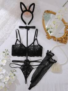 Floral Lace Cut Out Teddy Bodysuit Lingerie With Hairhoop - Black - View 3