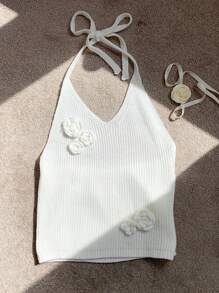 Comfortcana Áo croptop dệt kim cổ yếm họa tiết hoa 3D màu trắng mùa hè, thích hợp mặc đi biển cho nữ. - trắng - Xem 6