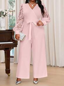 SHEIN Lady 春夏秋冬优雅通勤办公室鸡尾酒会情人节婚礼白色针织刺绣重叠领重叠领撞色蕾丝腰带长袖大码连体裤优雅装情人节装春季茶会装夏季女士装 - 藕粉色 - 查看 7