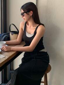 DAZY Women's Color Block Patchwork 2 In 1 Crew Neck Fitted Black Tank Top, Spring/Summer - Black - View 7