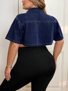SHEIN CURVE+ 女式加大码牛仔蓝色翻领短袖短款夹克 - 深色水洗藍 - 查看 2