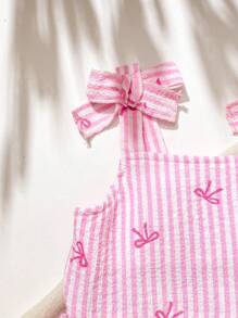 SHEIN Vintaside Kids 2 Pcs Baby Girl Toddler/Newborn 0-3Y Casual Daily Cute Vacation Striped Bow Tank Top + Shorts Set, Spring/Summer - Pink - View 4