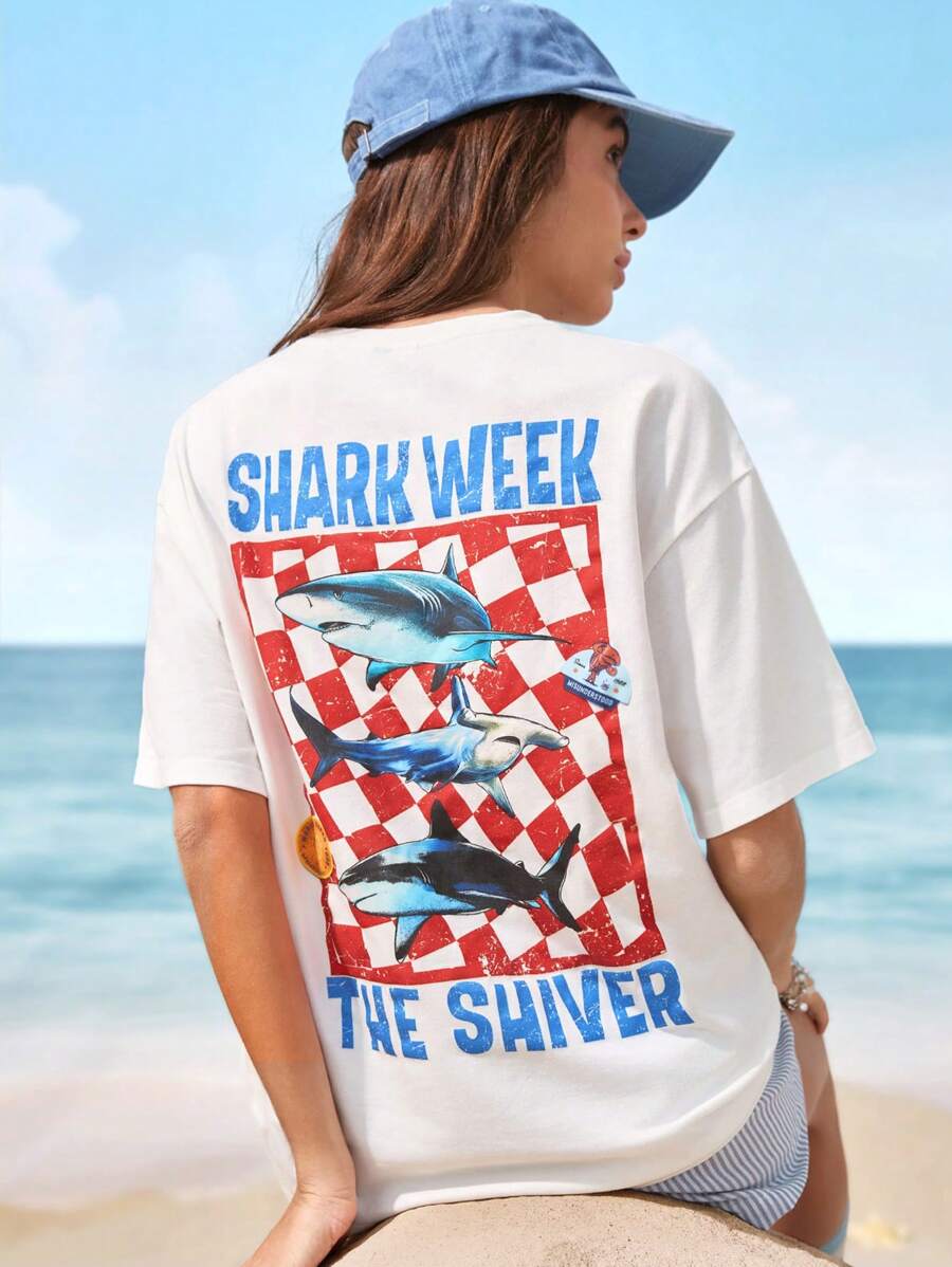 Shark Week X SHEIN Women's Shark & Letter Graphic Round Neck Short Sleeve T-Shirt - White - View 1