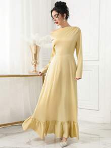 Modelyn Đầm dài tay thanh lịch cổ lệch màu trơn cho nữ - Màu Mù tạt vàng - Xem 2