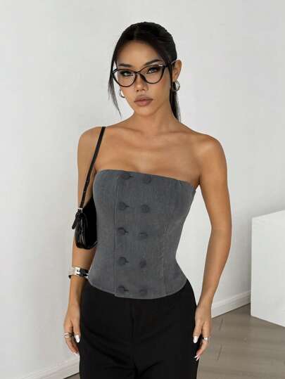 SHEIN EZwear 女士纯色双排扣时尚抹胸