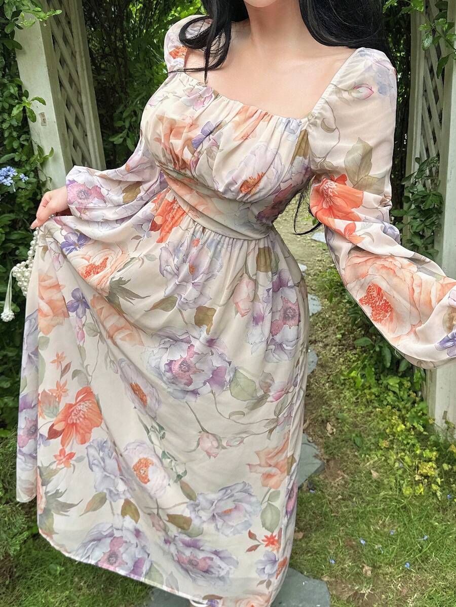 Modelyn 女式植物印花方领长袖连衣裙 - 彩色 - 查看 1