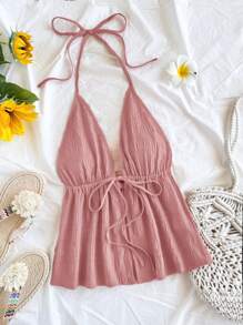 SHEIN PETITE CURVE Débardeur texturé casual à col V avec nœud, dos ouvert, couleur rouge