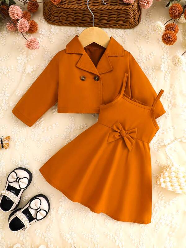 Newborn Baby Girls 3pcs Outfit Set: Brown Short Double-Breasted Jacket, Matching Sleeveless Dress With Big Bow Waist Decor. Stylish & Elegant For Spring, Summer, Fall Occasions Like Family Gatherings, Children's Events