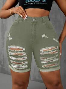 Slaydiva Plus Size Women Casual Street Style Elastic Ripped Denim Shorts, Autumn - Green - View 1