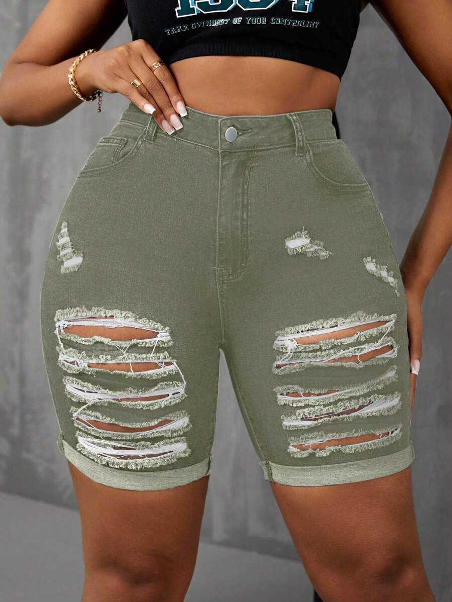 Slaydiva Plus Size Women Casual Street Style Elastic Ripped Denim Shorts, Autumn - Green - View 1