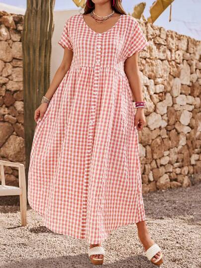 EMERY ROSE Plus Size Women's Boho V-Neck Short Sleeve Plaid Long Dress, Summer Vacation Wear,Gifts For Mother,Summer Holiday,Vacation Outfits Women,Simple And Fashionable For Everyday Wear,Vacay Vibes,Springbreak,Casual Wear SS,Bohemia,Summer Dresses For Women,Maxi Dress