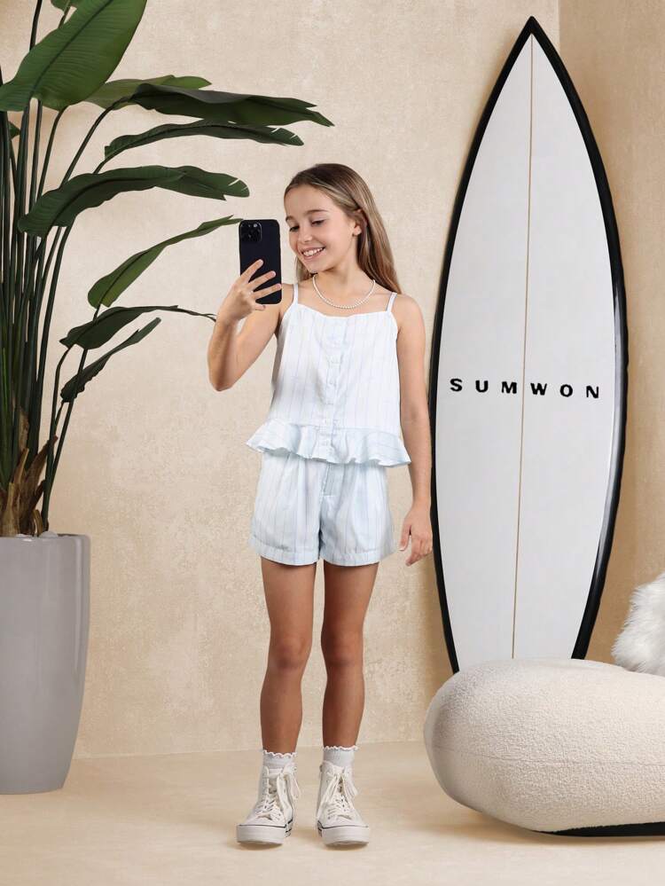 가볍고 통기성 좋은 스트라이프 패턴 러플 탱크탑 반바지 세트