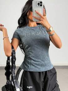 SHEIN Girls Vintage Daily Wear Graphics Washed Grunge Crop Tops Girls Printed Crew Neck Short Sleeve Side Pleated Casual Tee, Raglan Sleeves - Grey - View 6