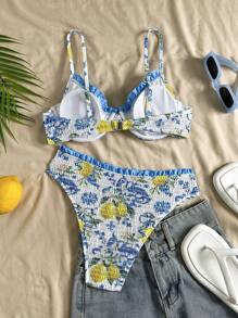 Swim Mod 全新夏季海滩女式随机印花荷叶边细肩带钢圈比基尼上衣，荷叶边褶皱泳裤，夏季女式两件套比基尼套装