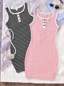 2pcs/Set Striped Dresses For Teen Girls, Includes Striped Dress And Pink Striped Dress