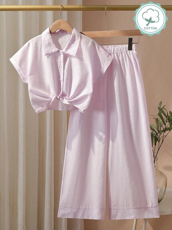 Wildeya 2pcs Girls Striped Woven Cotton Short Sleeve Shirt And Wide Leg Pants Set, Spring/Summer Holiday Casual Style