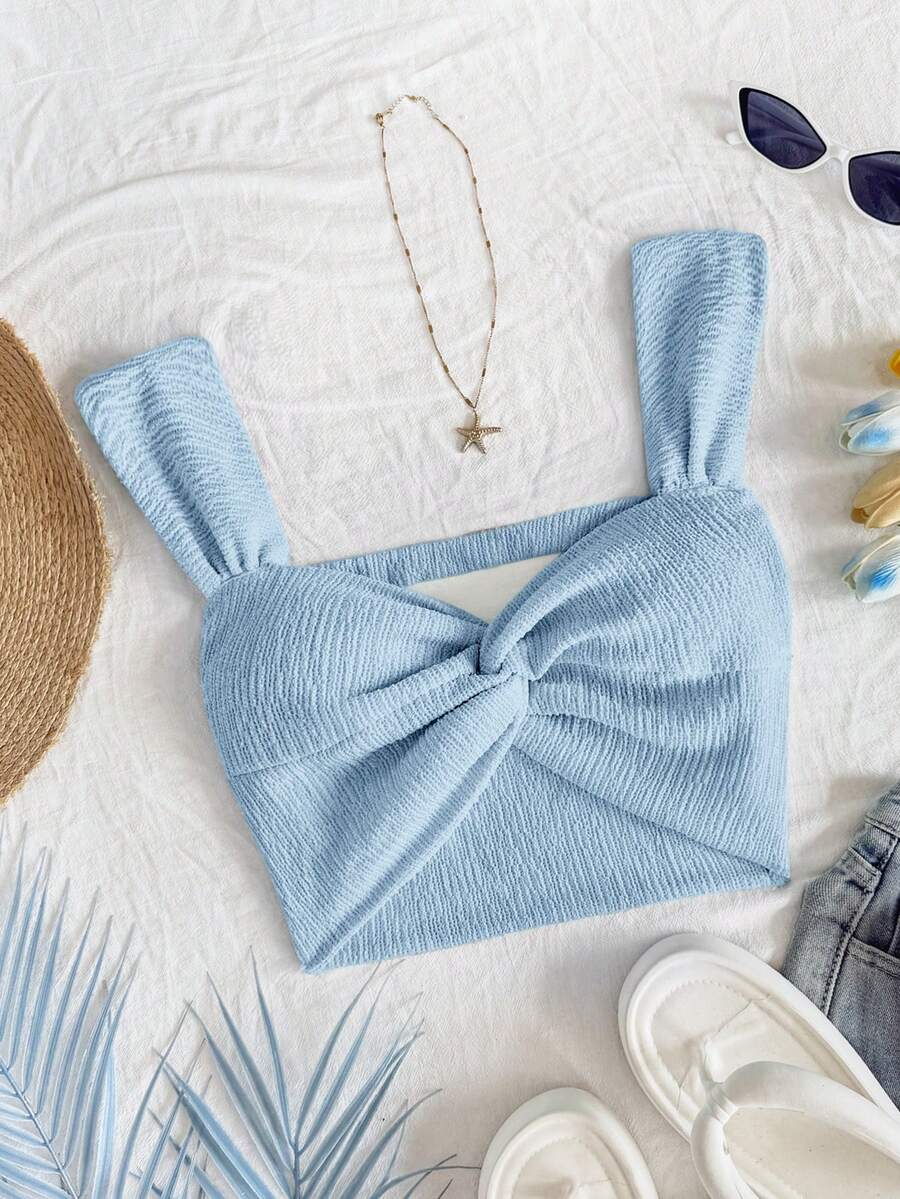 Soleia Áo croptop nữ màu xanh dương dệt kim ánh kim, kiểu dáng xoắn trước, khoét lưng, thích hợp cho kỳ nghỉ. - Màu xanh lam - Xem 1