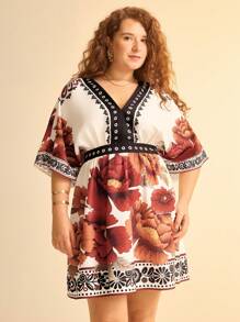 CAJUNI Plus Size Women Boho Tropical Floral Print Casual Deep V-Neck Loose Short Dress - Multicolor - View 7