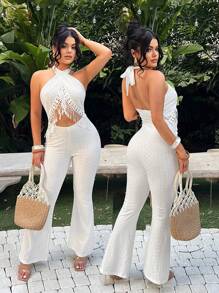 SHEIN SXY Plus Size Women's Vacation White Patchwork Fringe Design Waist Cutout Halter Jumpsuit,Suitable For Music Festival, Gatherings, Vacation, Clubs, Suitable For Banquet, Feast, Urban, Versatile, Cruise Attire, Vintage, Concert, Carnival, Outing, Richly Layered, Holiday, Date Night, Gathering, Birthday, Cocktail, Formal Event, Valentine's Day,Elegant Dresses For Women,Holiday Dress,Casual Dresses,Spring & Summer - White - View 5