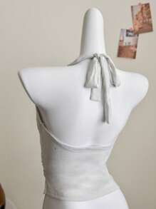 Elamini Sexy Halter Sparkle Tie-Up Tank Top, Fashionable Hot Lady Style - White - View 3