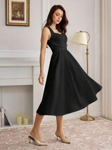 Vintamour Vestido de fiesta de graduación de línea A con cuello cruzado, elegante negro sin mangas y corazón vintage para mujer, vestido de regreso a casa de otoño - Negro - Ver 7