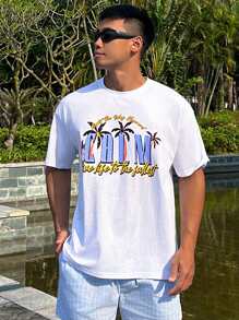 DAZY Camiseta blanca de playa de verano para hombre con estampado gráfico de letras y palmeras, ropa de otoño - Blanco - Ver 5